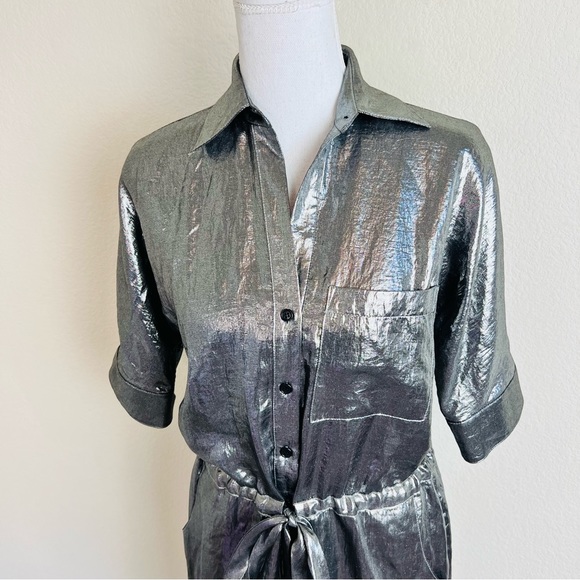 BCBGMaxAzria Silver Gunmetal Metallic Belt Tie Cinched Button Down Dress - Picture 3 of 14